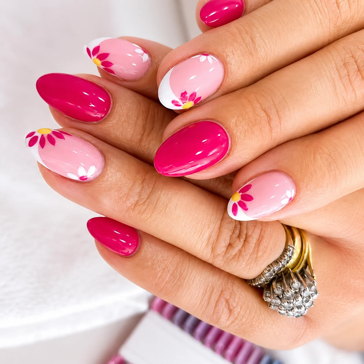 Hot pink with hand-painted daisies