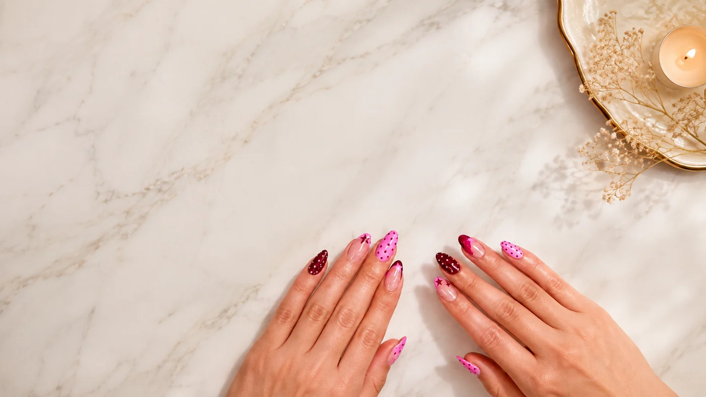 Burgundy glitter set on marble
